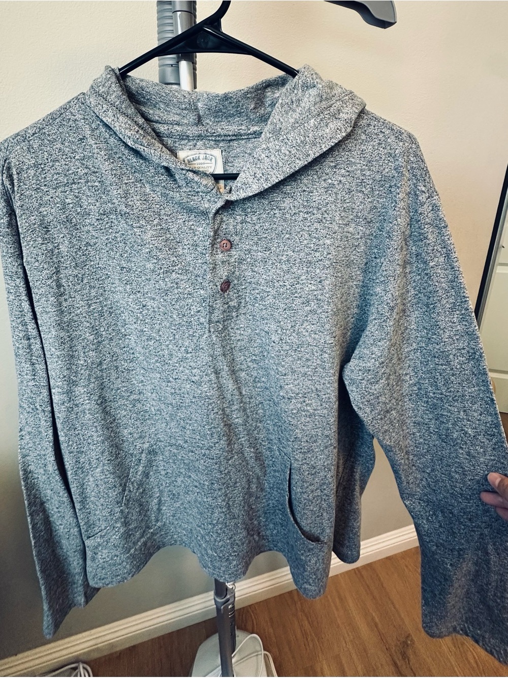 Men's Grey Hooded Henley Shirt With Front Pocket. Soft, Breathable, & Light.